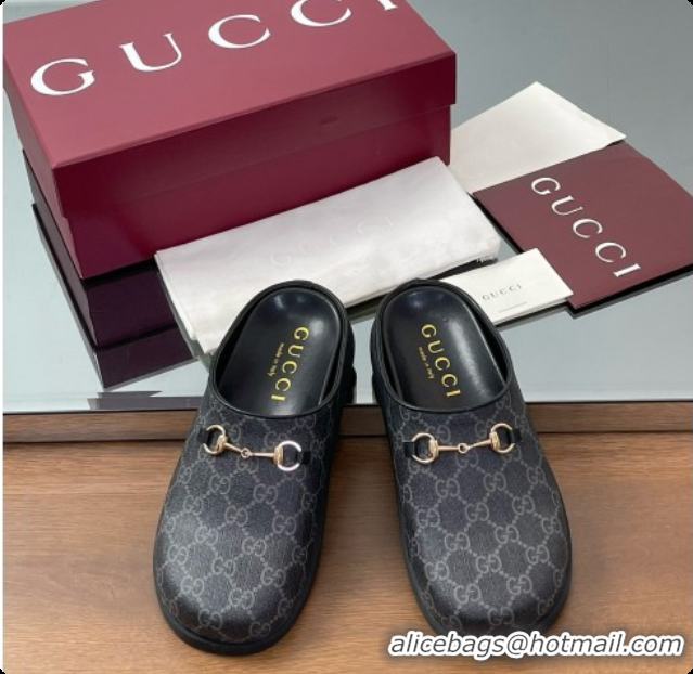 Charming Gucci GG Coated Canvas Flat Mules with Horsebit G92131 Black 2026