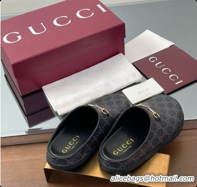 Charming Gucci GG Coated Canvas Flat Mules with Horsebit G92131 Black 2026