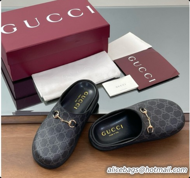 Charming Gucci GG Coated Canvas Flat Mules with Horsebit G92131 Black 2026