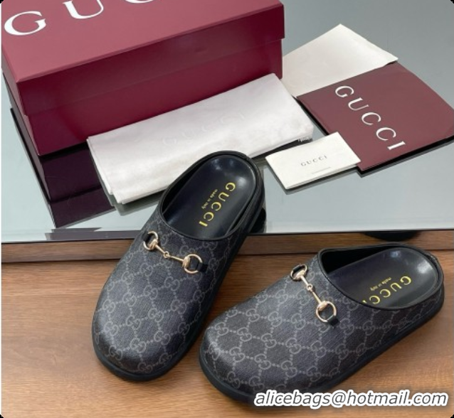 Charming Gucci GG Coated Canvas Flat Mules with Horsebit G92131 Black 2026