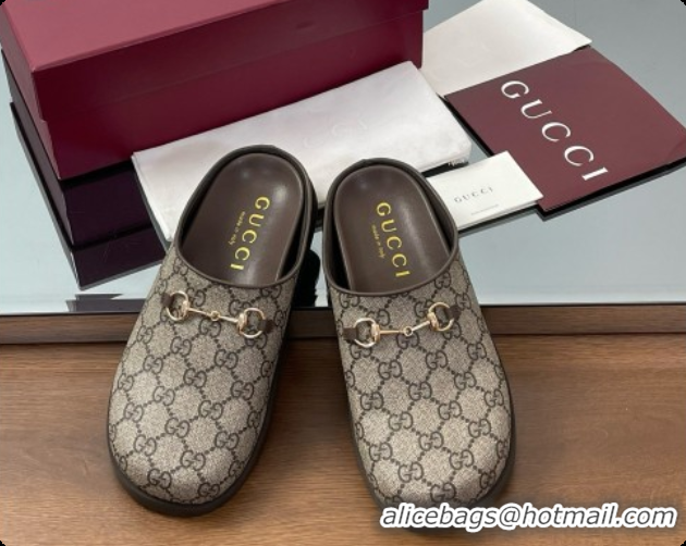 Luxurious Gucci GG Coated Canvas Flat Mules with Horsebit G92132 Brown/Gold 2026