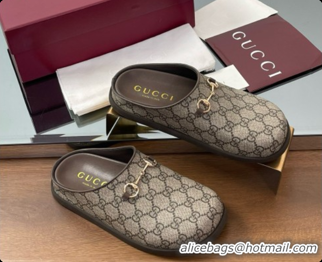 Luxurious Gucci GG Coated Canvas Flat Mules with Horsebit G92132 Brown/Gold 2026