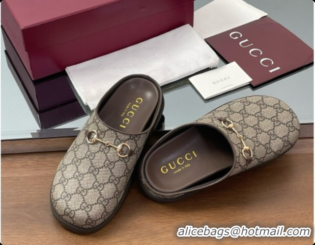 Luxurious Gucci GG Coated Canvas Flat Mules with Horsebit G92132 Brown/Gold 2026