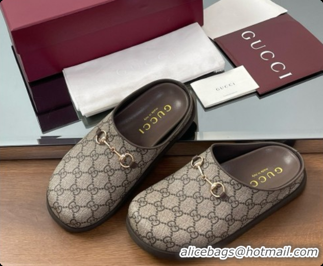 Luxurious Gucci GG Coated Canvas Flat Mules with Horsebit G92132 Brown/Gold 2026