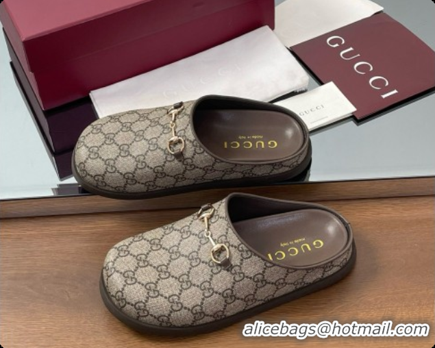 Luxurious Gucci GG Coated Canvas Flat Mules with Horsebit G92132 Brown/Gold 2026