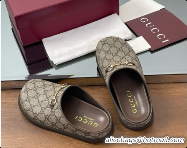 Luxurious Gucci GG Coated Canvas Flat Mules with Horsebit G92132 Brown/Gold 2026