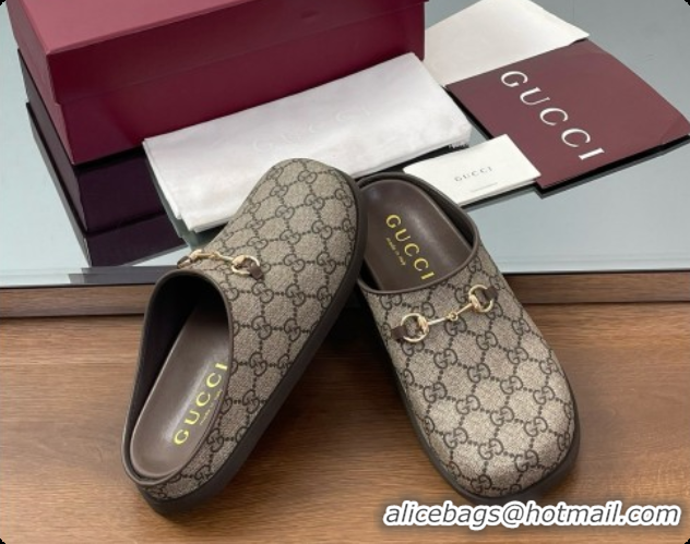 Luxurious Gucci GG Coated Canvas Flat Mules with Horsebit G92132 Brown/Gold 2026