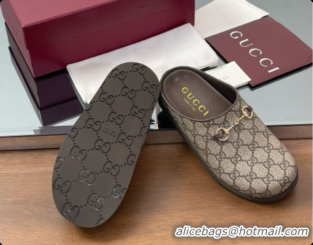 Luxurious Gucci GG Coated Canvas Flat Mules with Horsebit G92132 Brown/Gold 2026