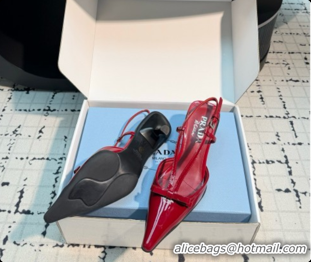 Luxurious Prada Patent Leather Slingback Pumps with Bow 5.5cm Heel P102206 Deep Red 2026