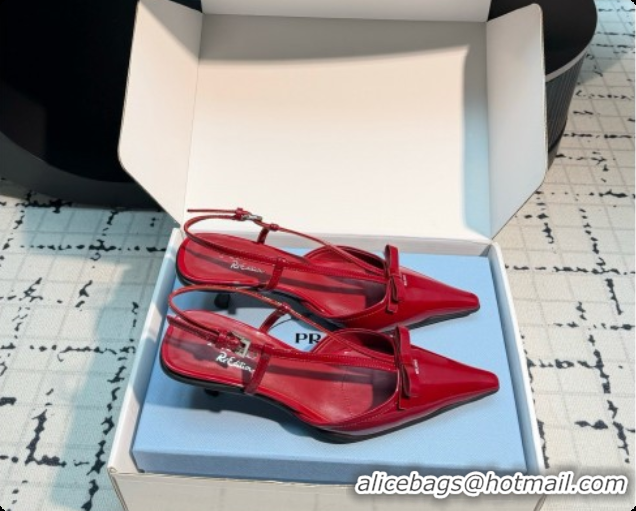 Luxurious Prada Patent Leather Slingback Pumps with Bow 5.5cm Heel P102206 Deep Red 2026