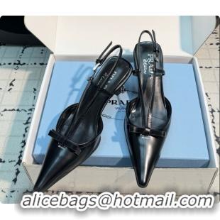Luxury Cheap Prada Brushed Leather Slingback Pumps with Bow 5.5cm Heel P102206 Black 2026