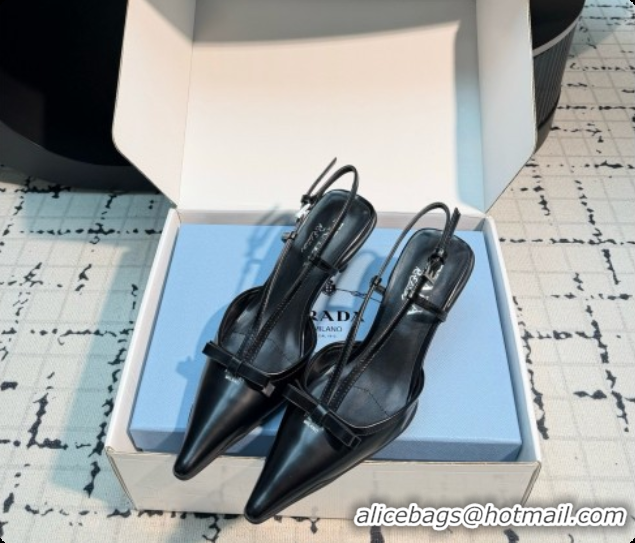 Luxury Cheap Prada Brushed Leather Slingback Pumps with Bow 5.5cm Heel P102206 Black 2026