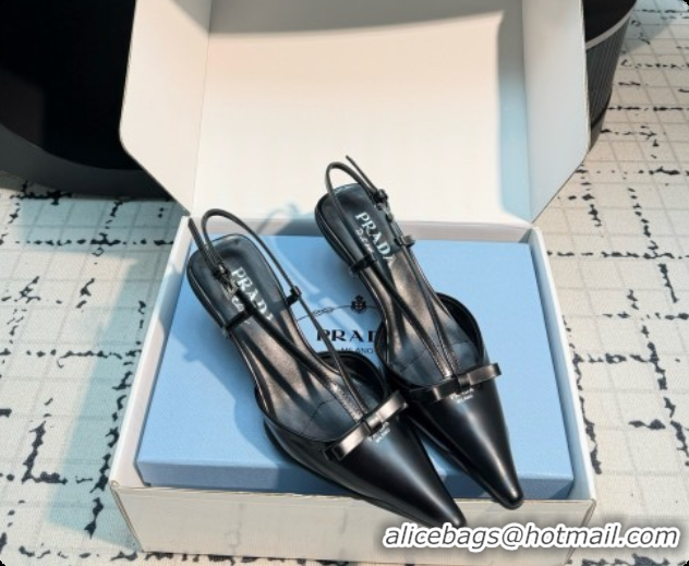 Luxury Cheap Prada Brushed Leather Slingback Pumps with Bow 5.5cm Heel P102206 Black 2026