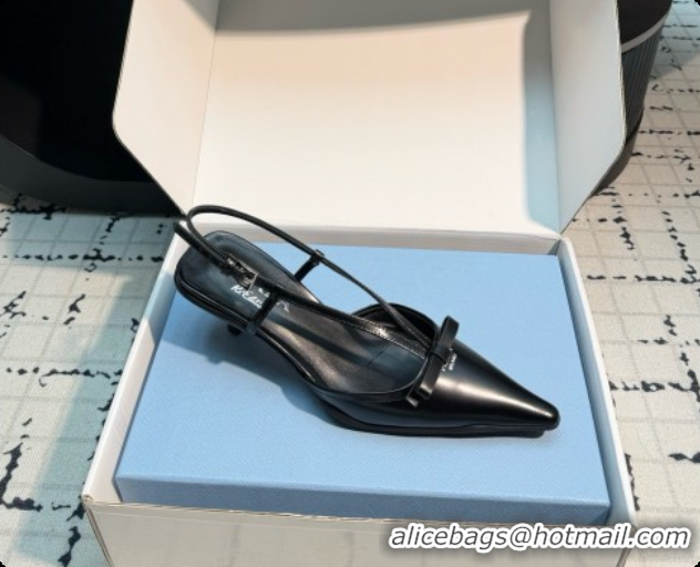 Luxury Cheap Prada Brushed Leather Slingback Pumps with Bow 5.5cm Heel P102206 Black 2026