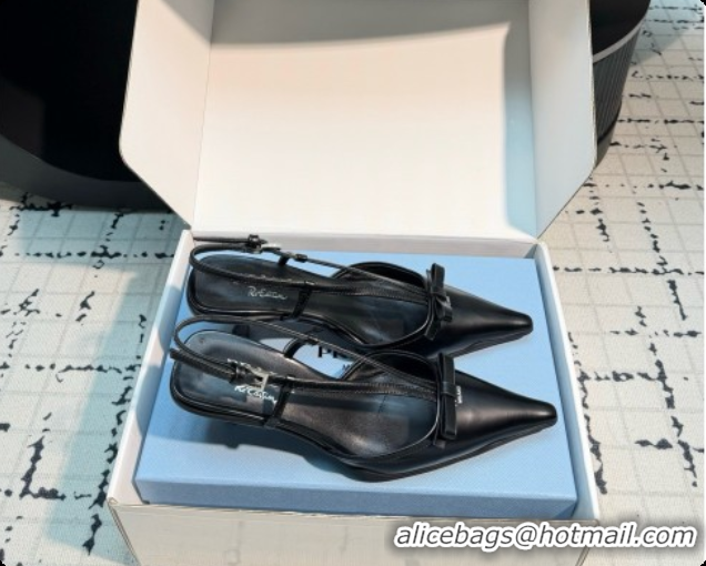 Luxury Cheap Prada Brushed Leather Slingback Pumps with Bow 5.5cm Heel P102206 Black 2026