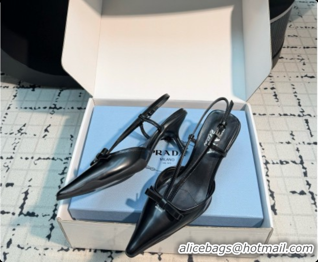 Luxury Cheap Prada Brushed Leather Slingback Pumps with Bow 5.5cm Heel P102206 Black 2026
