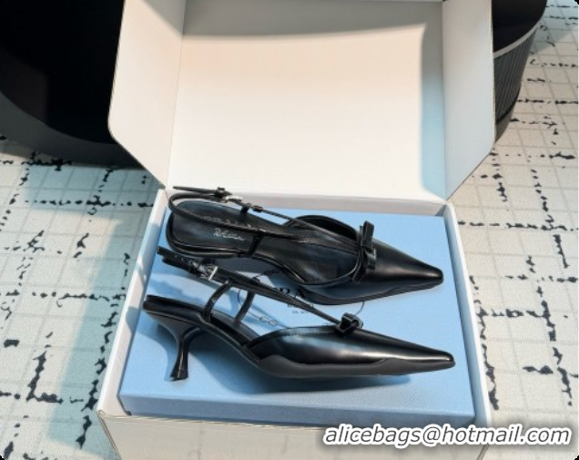Luxury Cheap Prada Brushed Leather Slingback Pumps with Bow 5.5cm Heel P102206 Black 2026