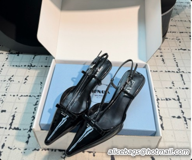 Luxury Prada Patnet Leather Slingback Pumps with Bow 5.5cm Heel P102206 Black 2026