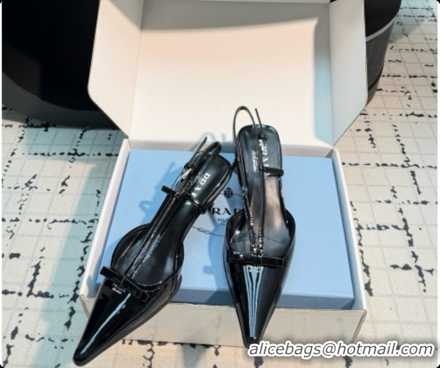 Luxury Prada Patnet Leather Slingback Pumps with Bow 5.5cm Heel P102206 Black 2026