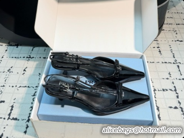 Luxury Prada Patnet Leather Slingback Pumps with Bow 5.5cm Heel P102206 Black 2026
