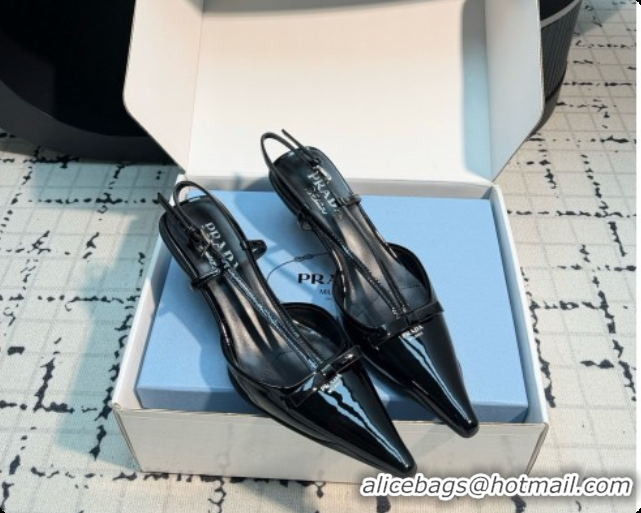Luxury Prada Patnet Leather Slingback Pumps with Bow 5.5cm Heel P102206 Black 2026