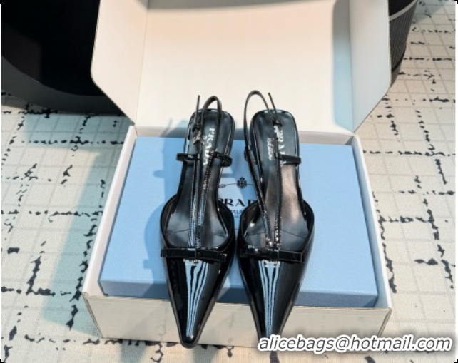 Luxury Prada Patnet Leather Slingback Pumps with Bow 5.5cm Heel P102206 Black 2026