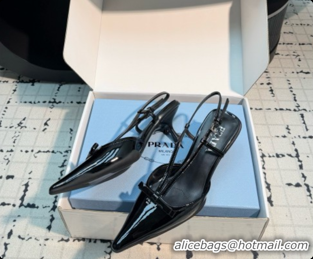 Luxury Prada Patnet Leather Slingback Pumps with Bow 5.5cm Heel P102206 Black 2026