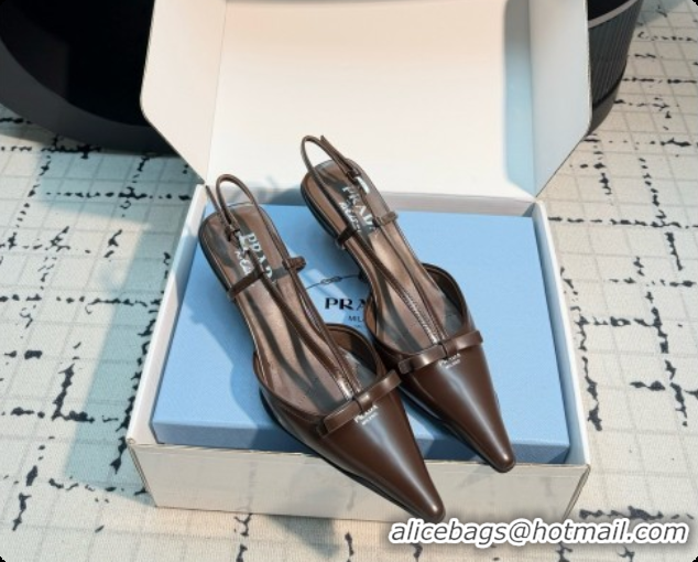 Fashion Prada Brushed Leather Slingback Pumps with Bow 5.5cm Heel P102206 Dark Brown 2026