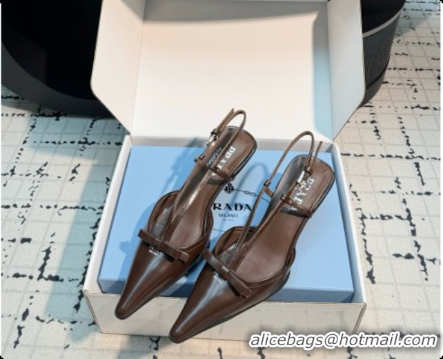 Fashion Prada Brushed Leather Slingback Pumps with Bow 5.5cm Heel P102206 Dark Brown 2026