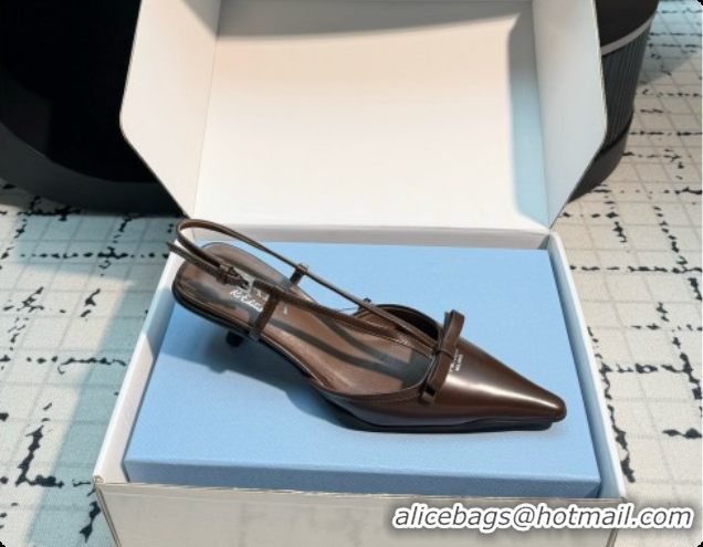 Fashion Prada Brushed Leather Slingback Pumps with Bow 5.5cm Heel P102206 Dark Brown 2026