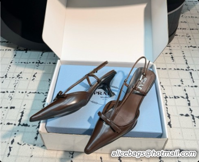 Fashion Prada Brushed Leather Slingback Pumps with Bow 5.5cm Heel P102206 Dark Brown 2026
