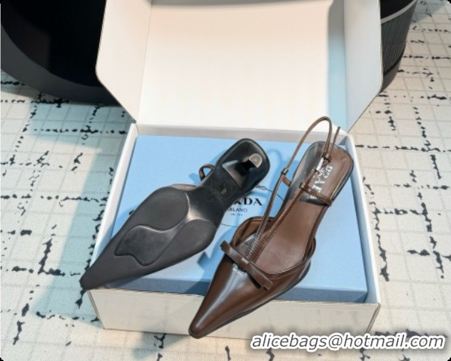 Fashion Prada Brushed Leather Slingback Pumps with Bow 5.5cm Heel P102206 Dark Brown 2026