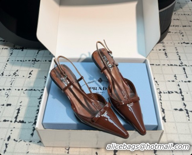 Good Quality Prada Patnet Leather Slingback Pumps with Bow 5.5cm Heel P102206 Dark Brown 2026