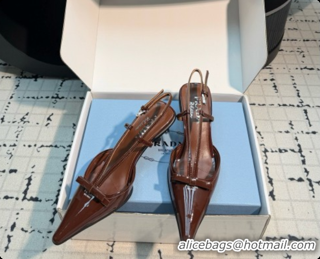 Good Quality Prada Patnet Leather Slingback Pumps with Bow 5.5cm Heel P102206 Dark Brown 2026