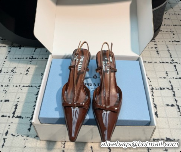 Good Quality Prada Patnet Leather Slingback Pumps with Bow 5.5cm Heel P102206 Dark Brown 2026