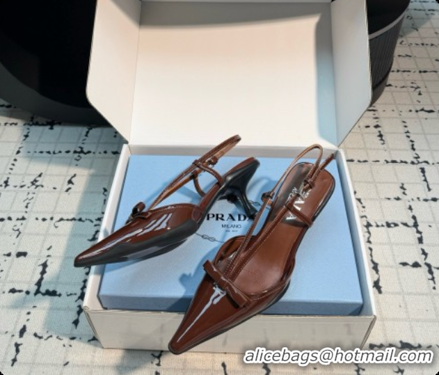 Good Quality Prada Patnet Leather Slingback Pumps with Bow 5.5cm Heel P102206 Dark Brown 2026
