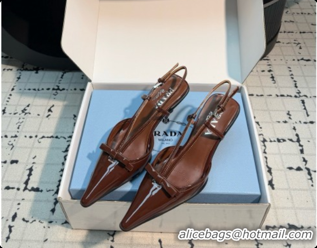 Good Quality Prada Patnet Leather Slingback Pumps with Bow 5.5cm Heel P102206 Dark Brown 2026