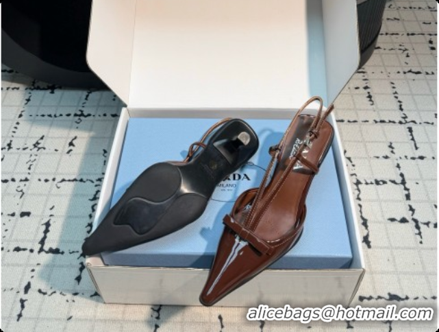 Good Quality Prada Patnet Leather Slingback Pumps with Bow 5.5cm Heel P102206 Dark Brown 2026