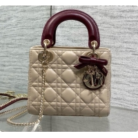 Fashion Dior Mini Lady Dior Bag in Cannage Lambskin with Bow D090250 Beige/Burgundy 2026