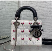 Buy Cheap Dior Mini Lady Dior Bag in Cannage Lambskin with Doves & Roses Motif Embroidery D090305 White/Black 2026