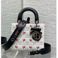 Classic Practical Dior Small Lady Dior Bag in Cannage Lambskin with Doves & Roses Motif Embroidery D090306 White/Black 2