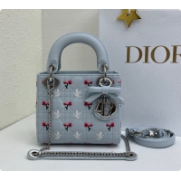 Good Quality Dior Mini Lady Dior Bag in Cannage Lambskin with Doves & Roses Motif Embroidery D090309 Blue Gray 2026