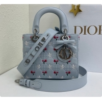 Pretty Style Dior Small Lady Dior Bag in Cannage Lambskin with Doves & Roses Motif Embroidery D090310 Blue Gray 2026