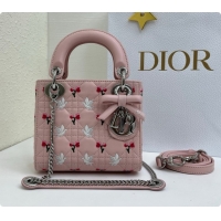 Unique Grade Dior Mini Lady Dior Bag in Cannage Lambskin with Doves & Roses Motif Embroidery D090313 Pink 2026