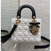 Elegant Dior Small Lady Bag in Cannage Lambskin with Bow D090346 White/Black/Crystals 2026