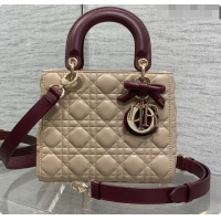 Top Design Dior Small Lady Bag in Cannage Lambskin with Bow D090348 Beige/Burgundy 2026