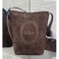 Shop Duplicate Dior Jett Médaillon Bucket Bag in Cannage Suede Calfskin Dark Brown 2026 6090438