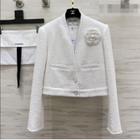 Luxury Cheap Chanel Tweed Jacket with Camellia CH093004 White 2026