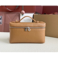 Discount Loro Piana LP Extra Pocket Pouch L19 in Ostrich Embossed Leather Brown/Silver 2026 FAI8393