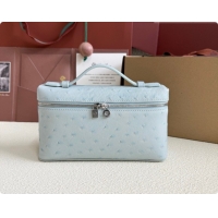 Best Product Loro Piana LP Extra Pocket Pouch L19 in Ostrich Embossed Leather Light Blue/Silver 2026 FAI8393
